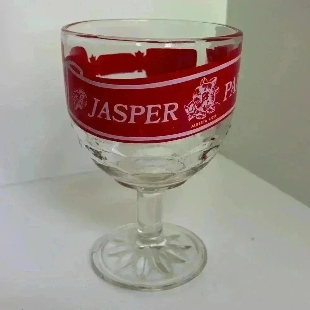 Vintage souvenir goblet from Jasper Park, Alberta with mint graphics